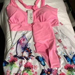 Pink floral and butterfly swim top and bottom
